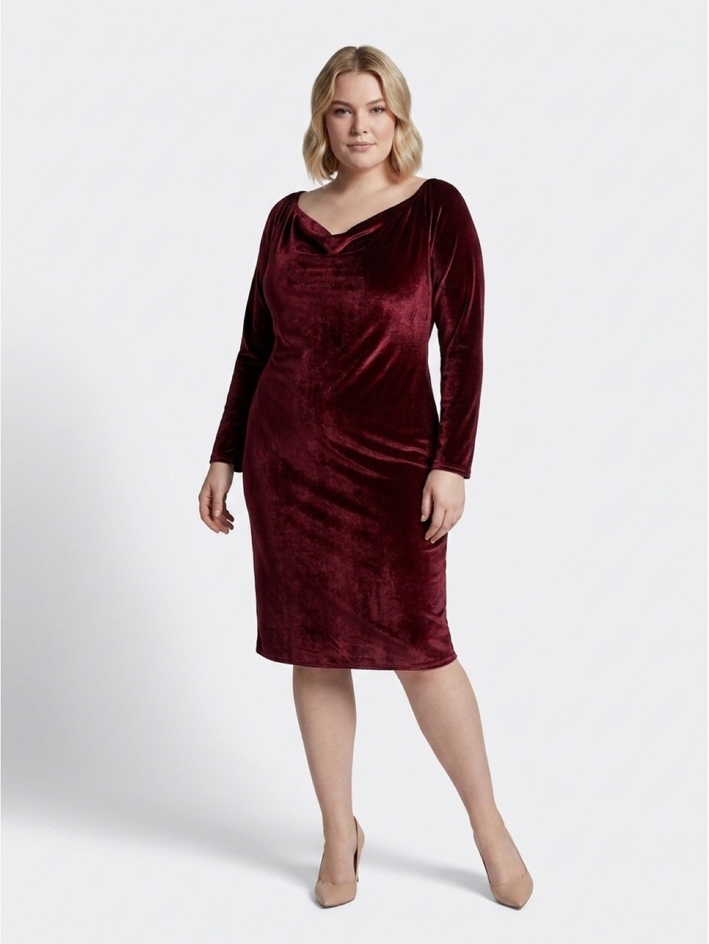 NWT Boohoo burgundy velvet midi dress with cowl neck and long sleeves.Size: 14